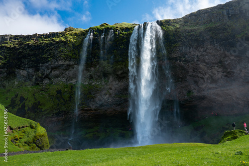 The beautiful green Seljalandsfoss Waterfall in Iceland