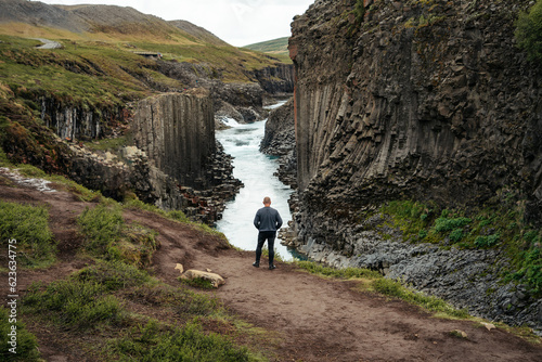 Man looking at the stunning basalt columns at Studlagil Canyon in Iceland photo