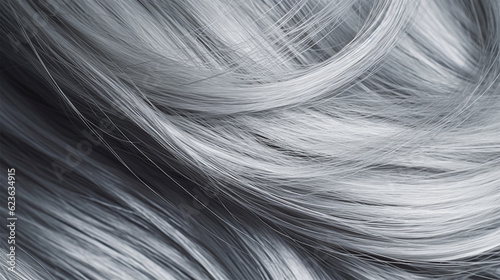 A closeup view of a bunch of shiny straight gray hair in a wavy curved style.social media content for beauty salons. hair dye color in the catalog. Generative AI