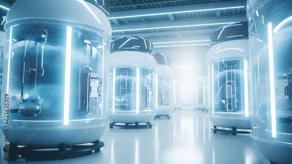Obraz premium Cryogenic storage containers in a laboratory hinting at the futuristic promise of cryopreservation in medicine. Generative AI