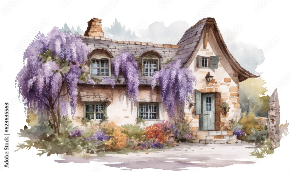 Fototapeta premium Watercolor fairy tale house overgrown with large lavender flowers and field herbs. copy space. illustration for postcard or book. Generative AI