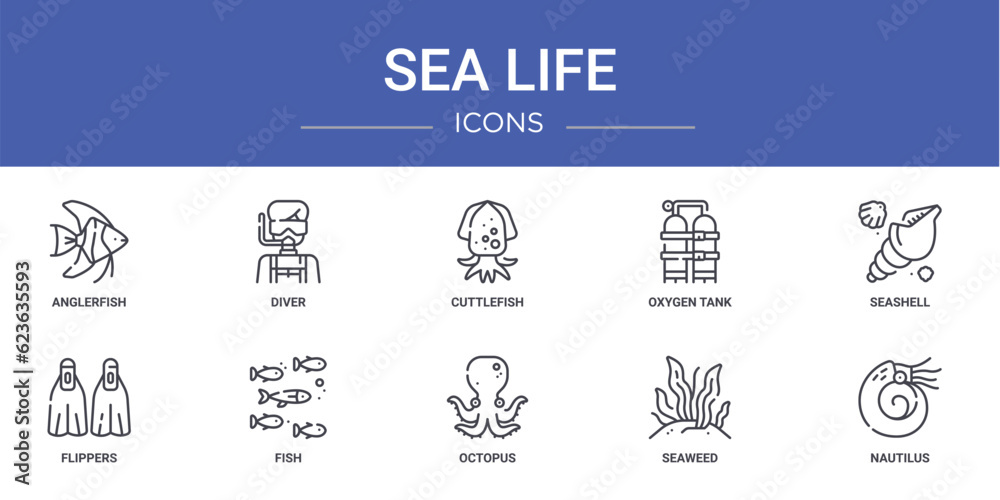 set of 10 outline web sea life icons such as anglerfish, diver ...