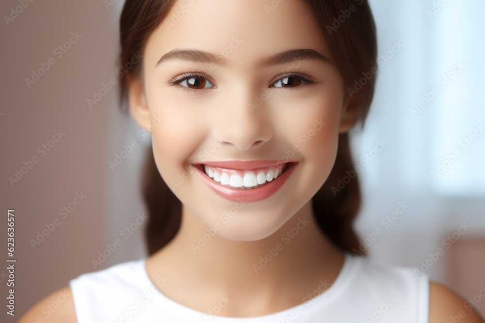 A girl with perfectly white healthy teeth. Portrait with selective focus and copy space A girl with perfectly white healthy teeth. Portrait with selective focus and copy space