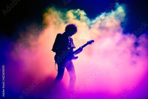 Guitarist at a concert in the light of spotlights. Silhouette with selective focus