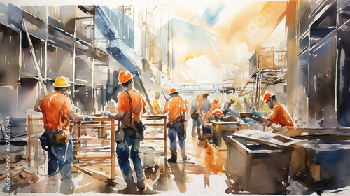A vibrant watercolor illustration of a group of workmen wearing safety helmets and reflective vests