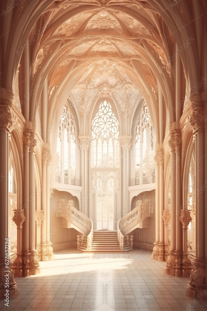 interior of the cathedral of the assumption of the holy virgin. Digital illustration with interior of the castle, holy gothic churc, religious architecture. fantasy castle. Vertical poster