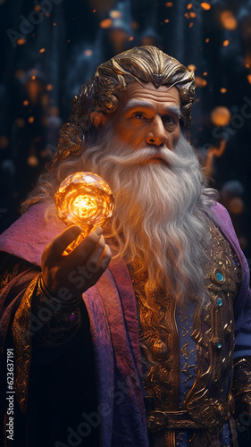 Powerful wizard with purple attire and magic  glowing fireball in his hands, casting a spell with his gaze fixed. Long white beard, fantasy fiction books. fairytale AI character for magical stories