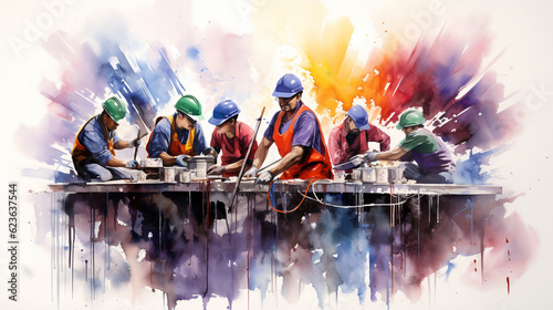 artistic watercolor painting depicting a team of workmen collaborating on a project
