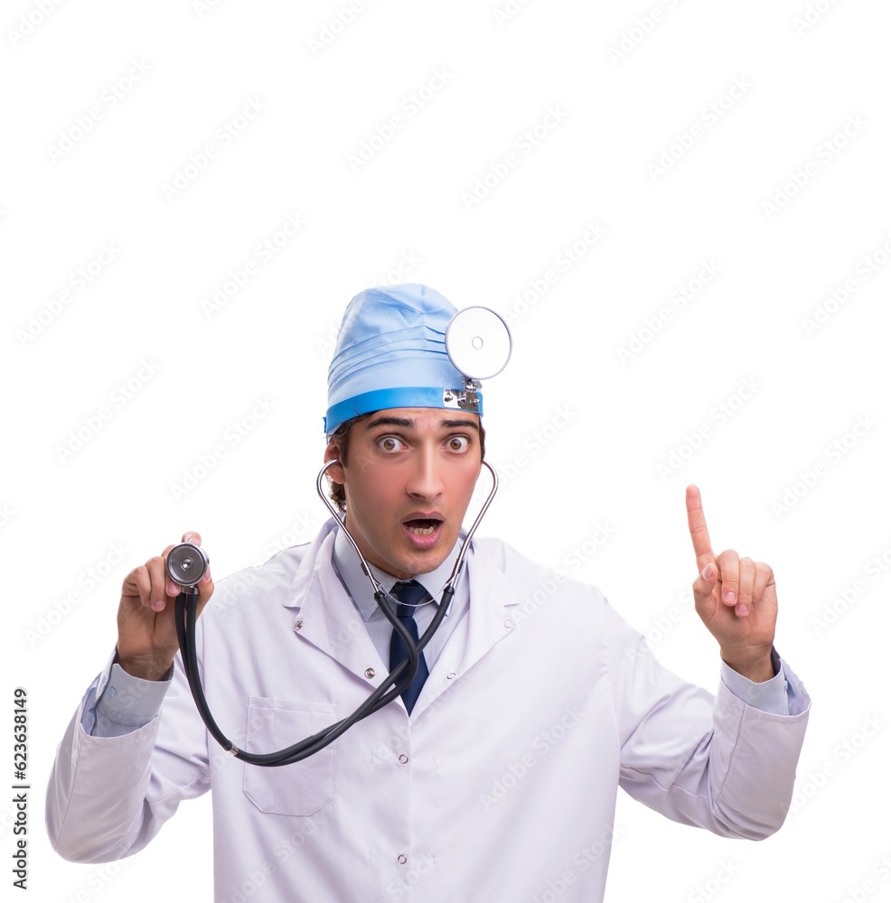 Young handsome doctor otolaryngologist isolated on white Young handsome doctor otolaryngologist isolated on white