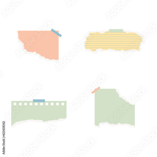 Torn Paper With Tape, notebook, copybook sheet stuck with sticky tape on background. Vector Illustration