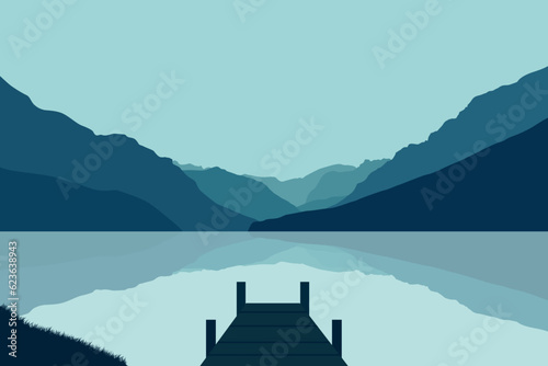 Beautiful landscape with lake and pier. Vector illustration in flat style.