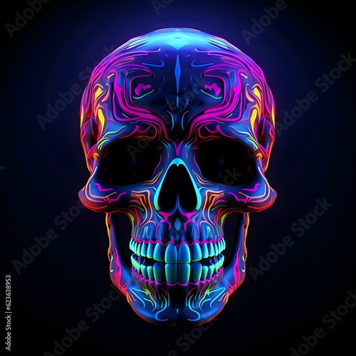 Skull neon lights style with black background. Rave party. 8k resolution