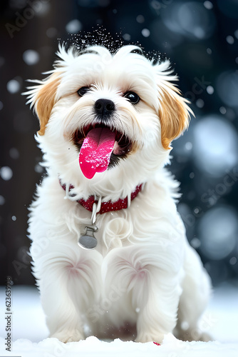 the playful maltese puppy frolics in a snowy winter