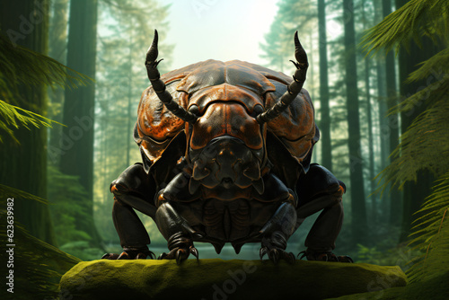 photo of Rhinoceros Beetle face against green forest background