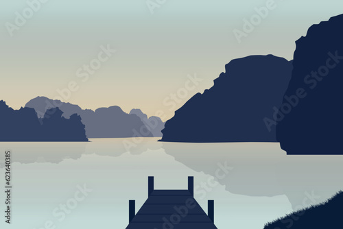 Beautiful landscape with lake and pier. Vector illustration in flat style.