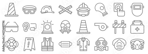rescue and protective line icons. linear set. quality vector line set such as safety mask, gas mask, medical mask, life buoy, road block, siren, welding helmet, safety goggles photo