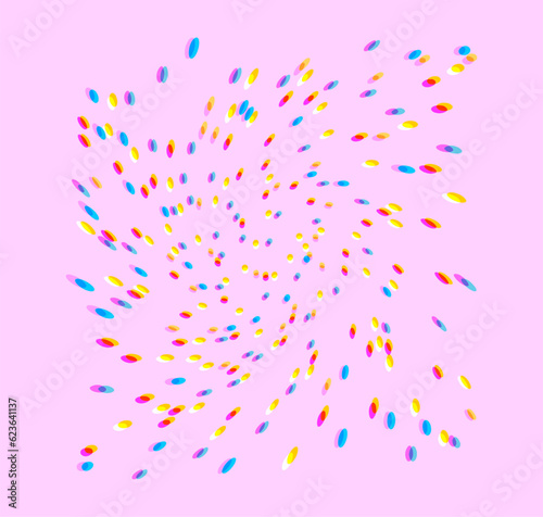 Vector pattern with colorful swirling polka dots on a pastel pinkish background. Shift or glitch of pea color across the spectrum. Background color - as an example, a separate use.