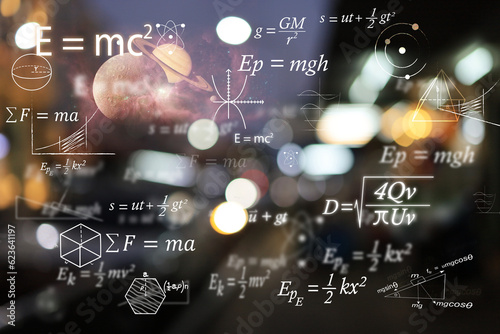 Mathematical and physics equations of Albert Einstein and Sir Isaac Newton and other equations on black background. photo