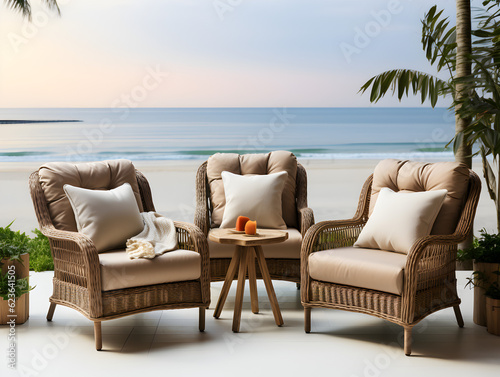 outdoor garden rattan straw couches armchairs Generative AI © kitti