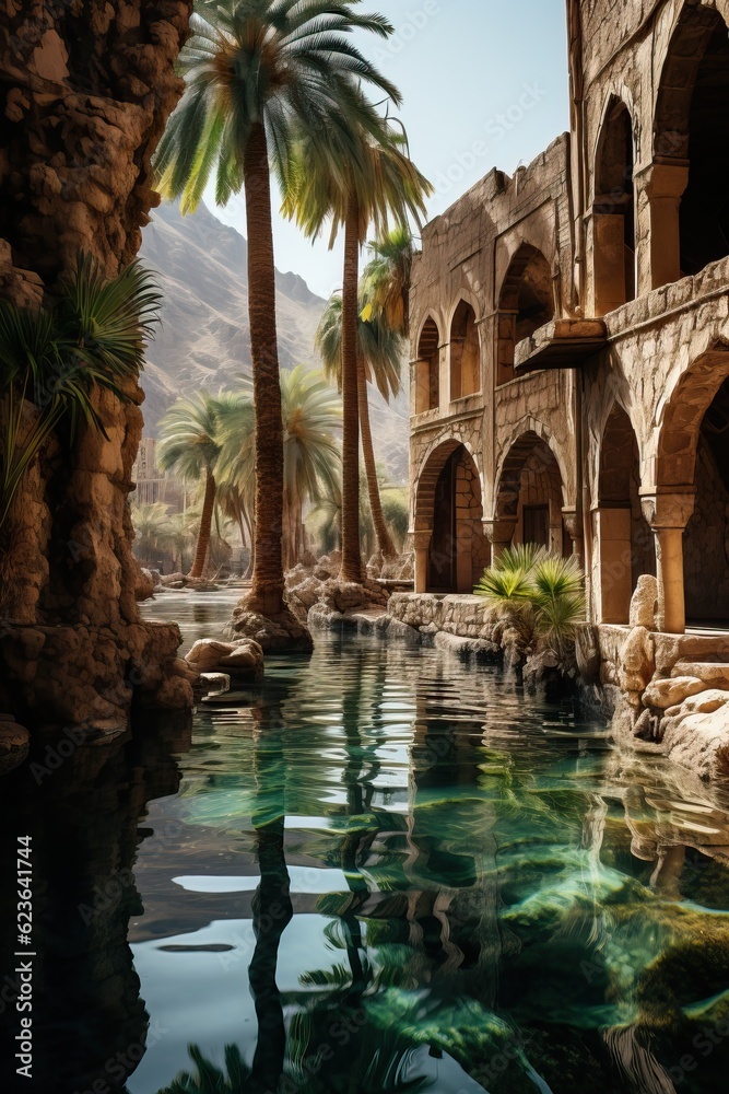Beautiful Moorish castle ruins in an oasis, generative ai
