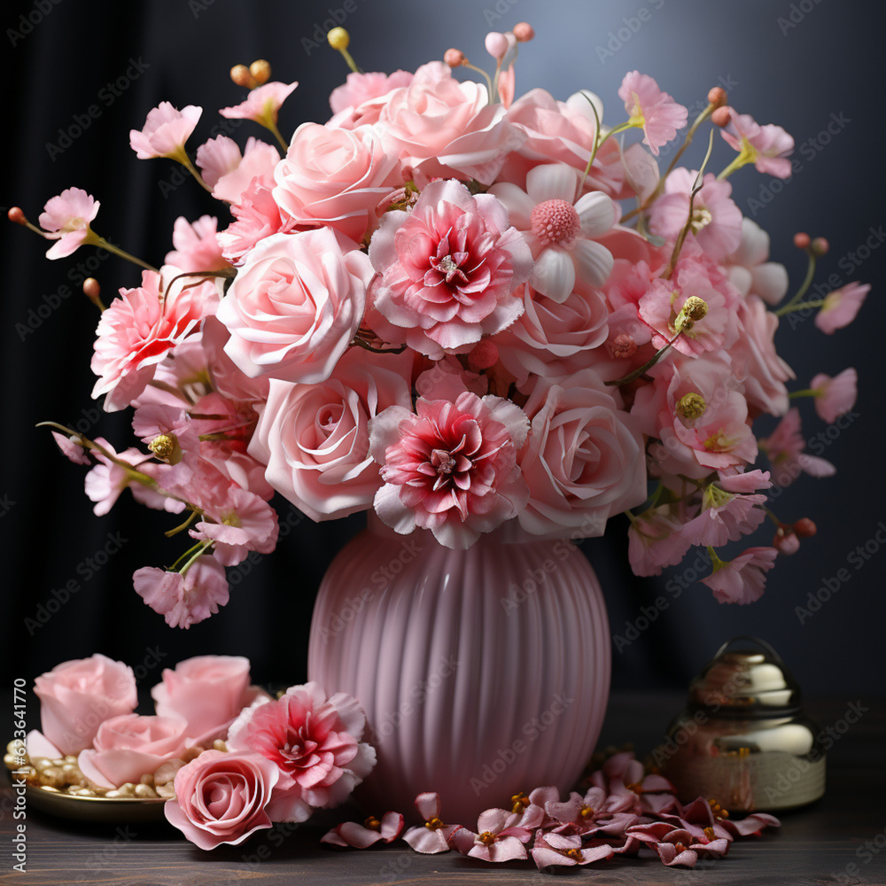 Various mysterious flowers of pink color in pots