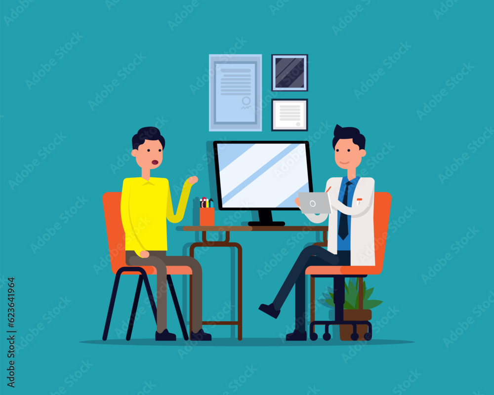 Patient talking to physician at hospital office. Vector Medical concept Patient talking to physician at hospital office. Vector Medical concept