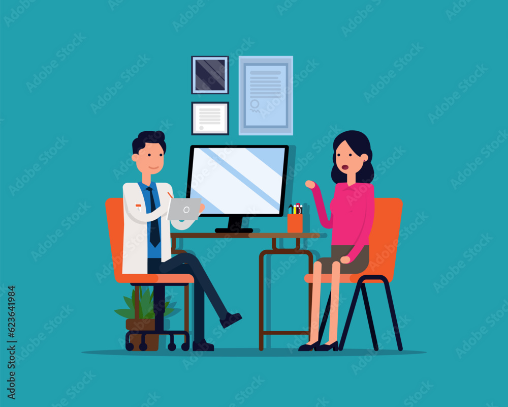 Patient talking to physician at hospital office. Vector Medical concept