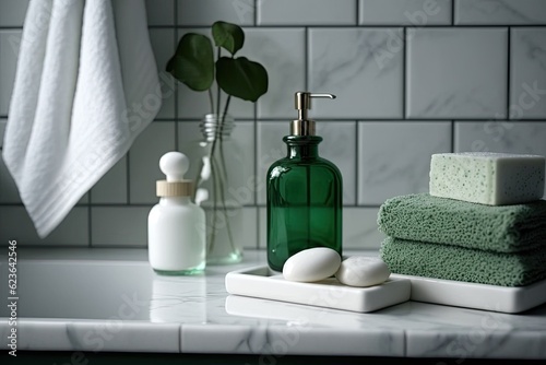 modern bathroom counter with green accents. Generative AI
