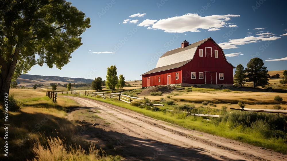 Red barn and field Generative AI Red barn and field Generative AI