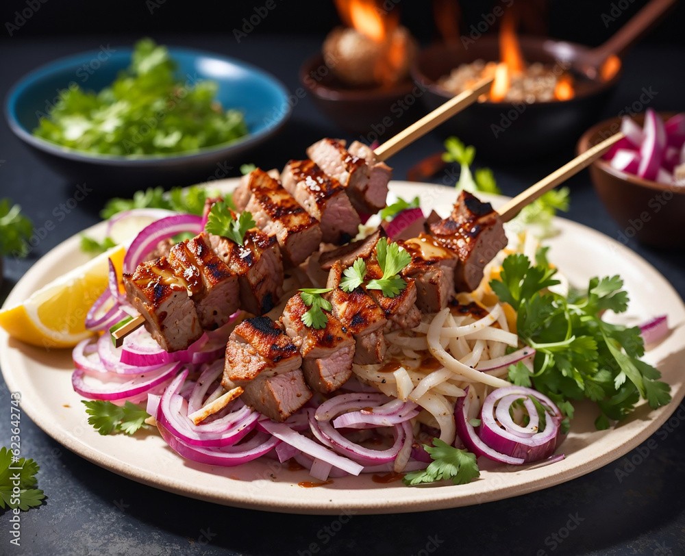 Grilled pork kebab with onions Grilled pork kebab with onions