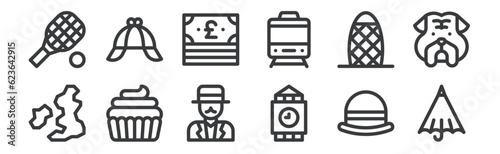 12 set of linear england icons. thin outline icons such as umbrella, big ben, cupcake, gherkin, money, detective hat for web, mobile.