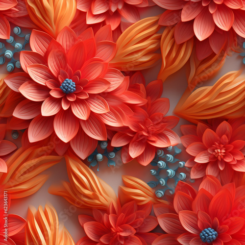 Bright Colored 3d Floral paper seamless pattern. AI Generated