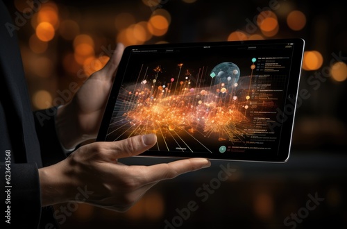 Close up of human hands holding tablet pc with global network connection concept