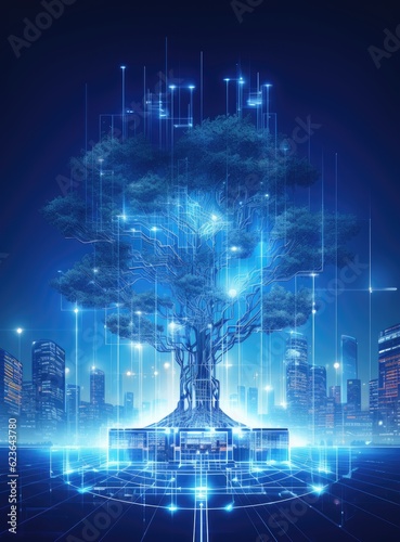 Futuristic tree in digital style against cityscape against blue background