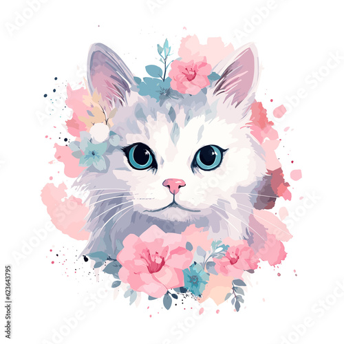 cute cat floral watercolour, TShirt Design , graphic design, Generative Ai © ACE STEEL D