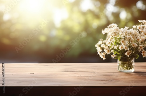 Vase with daisies on wooden table in front of blurred background.