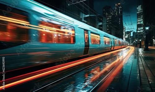 High speed train in the city at night. Shallow DOF