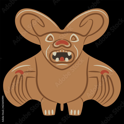 Stylized bat. Ancient Peruvian Mochica art. Native American ethnic animal design of Moche Indians. On black background.