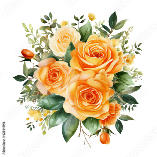 Watercolor Apricot rose wedding flower bouquet. Ai Generated