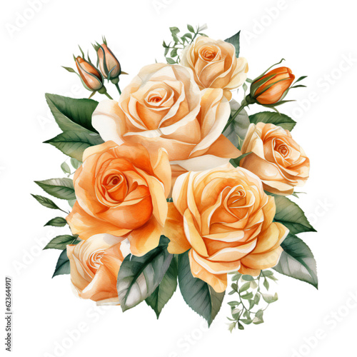 Watercolor Apricot rose wedding flower bouquet. Ai Generated © Vecils