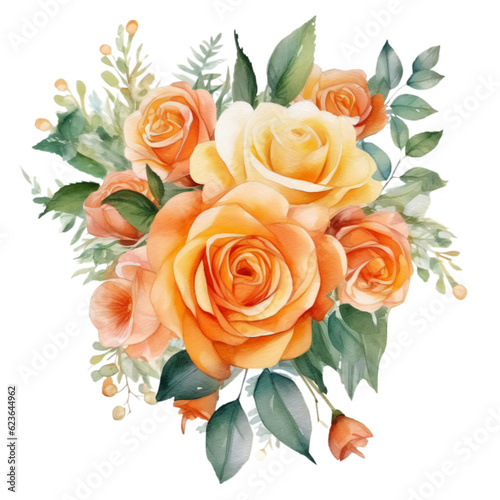 Watercolor Apricot rose wedding flower bouquet. Ai Generated