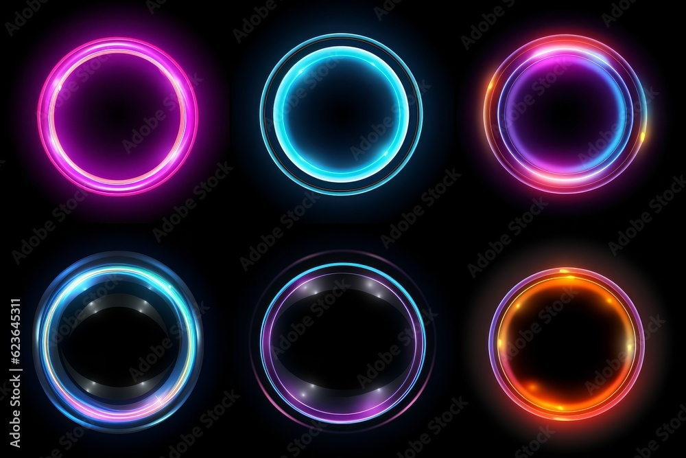 Glowing neon circles in dynamic lines on black background. Technology concept for badges, labels, and more. Generative AI Glowing neon circles in dynamic lines on black background. Technology concept for badges, labels, and more. Generative AI