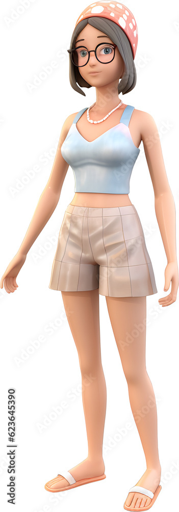 3D woman character wearing summer outfit, full body 3D woman character wearing summer outfit, full body