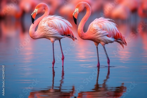 Graceful pink flamingos cast enchanting reflections  adding a touch of elegance and natural beauty to the scene. Generative AI