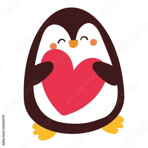 cute cartoon penguin holding pink heart