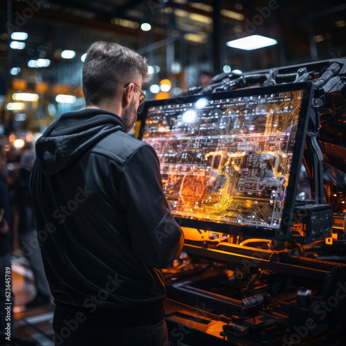 A photograph of a robotic arm in a factory or workshop, and it's digital twin on the screen of an engineer, we see both physical machine and digital twin preform the same movement, ai generative