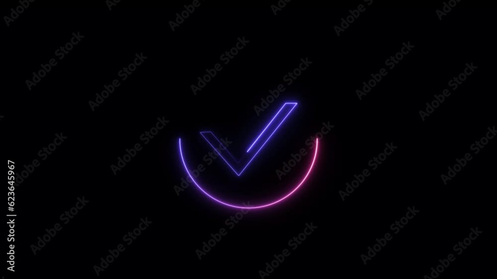 Abstract blue color neon light glowing check mark icon blue and pink circle animation. Check mark symbol black background 4k video.
Abstract blue color neon light glowing check mark icon blue and pink circle animation. Check mark symbol black background 4k video.