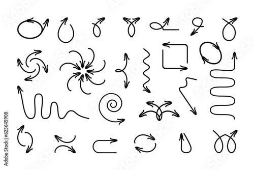 Vector arrows set isolated on white background many black hand drawn doodle arrows pointer line art symbols