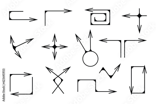 Black arrows set on white background line art hand drawn arrows vector collection isolated design elements