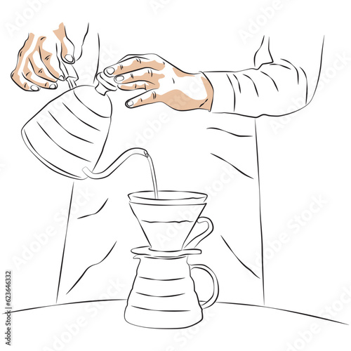 Sketch of Barista pouring water hot on coffee